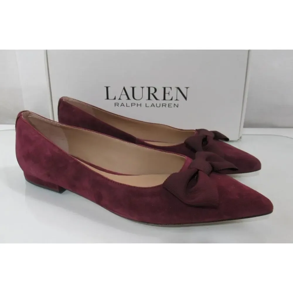 LAUREN Ralph Lauren Londyn Bow Ballet Flat Shoes Suede Red Burgundy Size 9